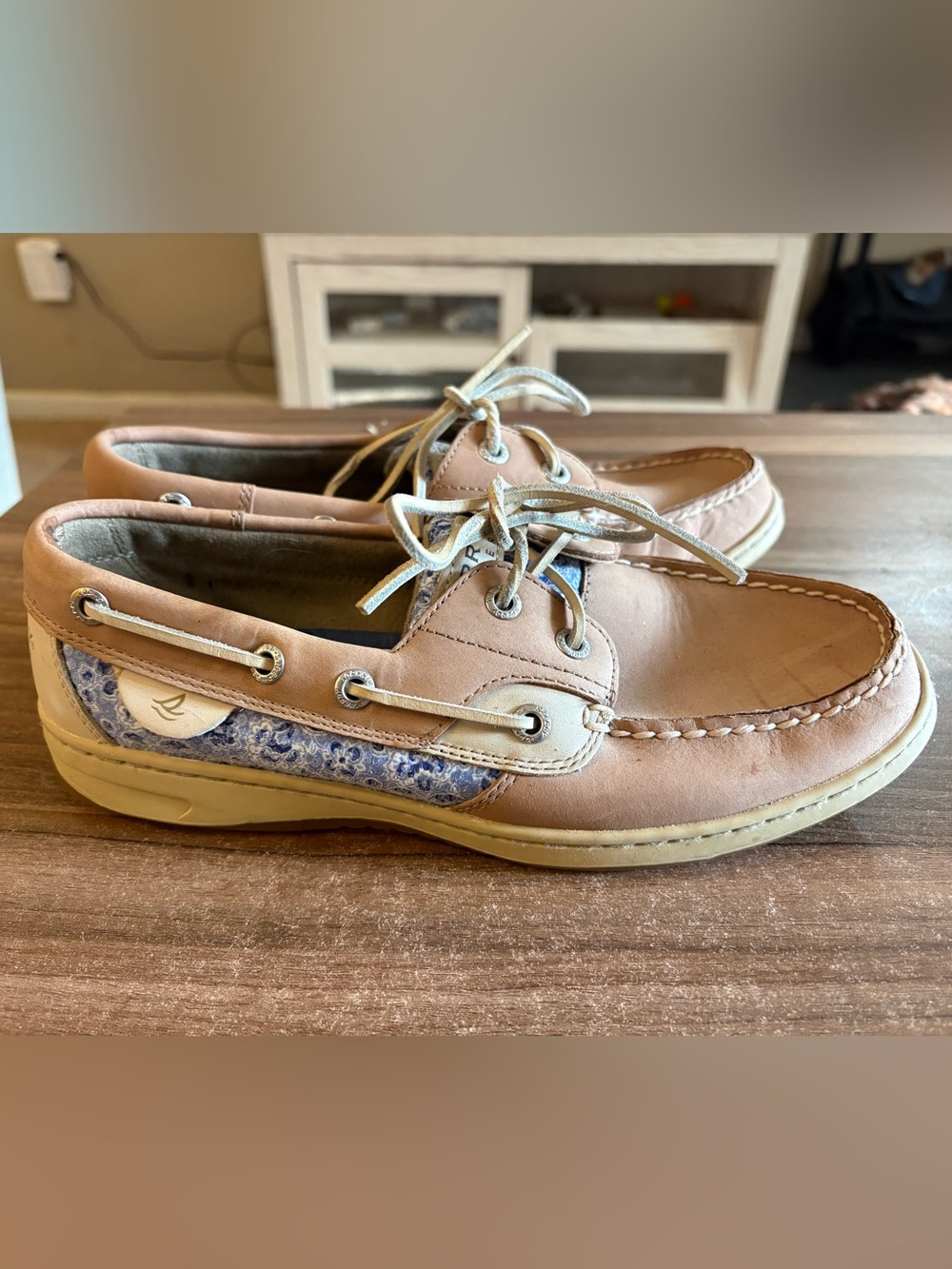 Sperry Tan Leather Boat Shoes with Blue Patterned Accent